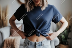 Woman wearing navy blue t shirt tied at waist image Product Image 1
