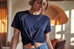 Woman wearing navy blue t shirt mockup image Product Image 1