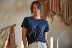 Woman wearing navy blue t shirt image Product Image 1