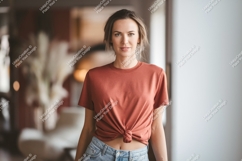 Woman wearing terracotta t shirt and jeans Product Image 1