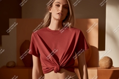 Woman wearing terracotta knotted t shirt image Product Image 1