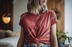 Woman wearing rolled sleeve knotted t shirt image Product Image 1