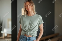 Woman wearing sage green t shirt mockup image Product Image 1