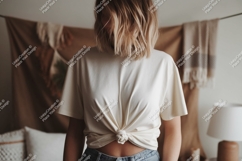 Woman wearing cream t shirt mockup t-shirt fashion Product Image 1