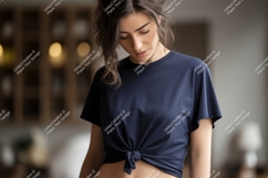 Woman wearing navy blue t-shirt tied at waist Product Image 1