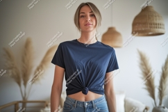 Woman wearing navy blue t shirt and jeans Product Image 1