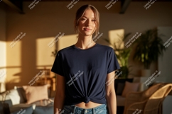 Woman wearing navy blue t shirt image Product Image 1