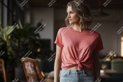 Woman wearing pink t shirt and jeans image Product Image 1