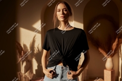 Woman wearing black t shirt and denim image Product Image 1