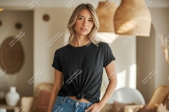 Woman wearing black t shirt and jeans image Product Image 1