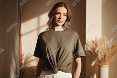 Woman wearing olive green t shirt mockup image Product Image 1