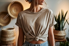 Woman wearing tied beige t shirt image Product Image 1