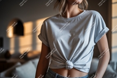 Woman wearing grey t shirt t-shirt tied Product Image 1