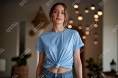 Woman blue t shirt jeans mockup image Product Image 1