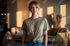 Woman wearing olive green t shirt tied at waist image Product Image 1