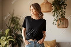 Woman wearing black t shirt and jeans t-shirt casual Product Image 1