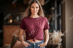 Woman wearing maroon t shirt and jeans image Product Image 1