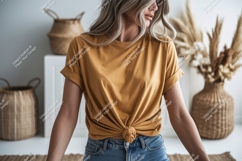 Woman wearing mustard yellow t shirt mockup image Product Image 1