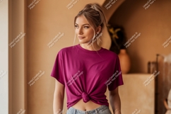 Woman wearing magenta t shirt mockup image Product Image 1