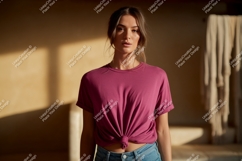 Woman wearing knotted magenta t-shirt Product Image 1