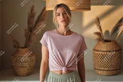 Blonde woman wearing pink t-shirt mockup Product Image 1