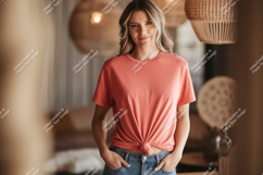 Woman wearing coral t shirt and denim image Product Image 1