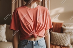 Coral tee knotted casual outfit shirt Product Image 1
