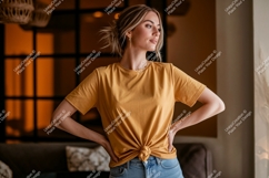 Woman wearing mustard yellow t shirt mockup image Product Image 1