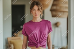 Woman wearing magenta t shirt tied at waist image Product Image 1