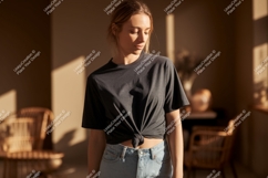 Woman wearing dark grey t shirt and denim jeans image Product Image 1