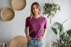 Woman wearing magenta t shirt and denim jeans t-shirt Product Image 1