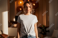 Woman wearing grey t shirt and jeans image Product Image 1