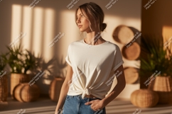 Woman wearing cream t shirt and jeans Product Image 1