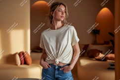 Woman wearing cream t shirt and blue jeans Product Image 1