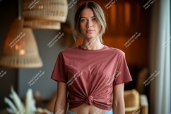 Woman wearing knotted maroon t shirt image Product Image 1
