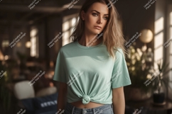 Woman wearing light green t shirt casual Product Image 1