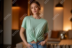 Woman wearing mint green t shirt mockup image Product Image 1
