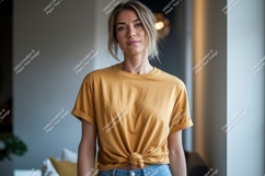 Woman wearing mustard yellow t shirt Product Image 1