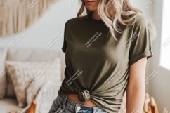 Woman wearing olive green t shirt mockup image Product Image 1
