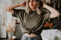 Woman wearing olive green t shirt mockup Product Image 1