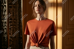 Woman wearing orange t shirt mockup t-shirt fashion Product Image 1