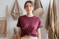 Woman wearing burgundy t shirt mockup image Product Image 1