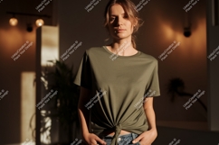 Woman wearing olive green t shirt mockup image Product Image 1