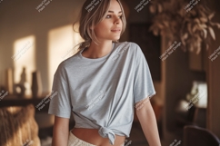 Woman wearing grey t shirt mockup t-shirt fashion Product Image 1