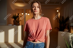 Woman wearing coral t shirt and denim jeans image Product Image 1