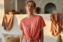 Woman wearing coral t shirt mockup image Product Image 1