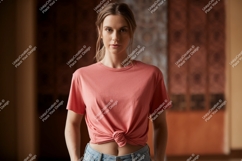 Woman wearing coral t shirt and denim image Product Image 1