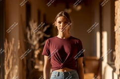 Woman wearing maroon t shirt tied at waist image Product Image 1