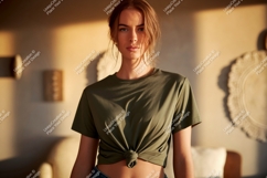Woman wearing olive green t shirt mockup image Product Image 1