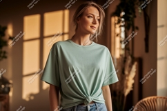 Woman wearing mint green t shirt mockup image Product Image 1
